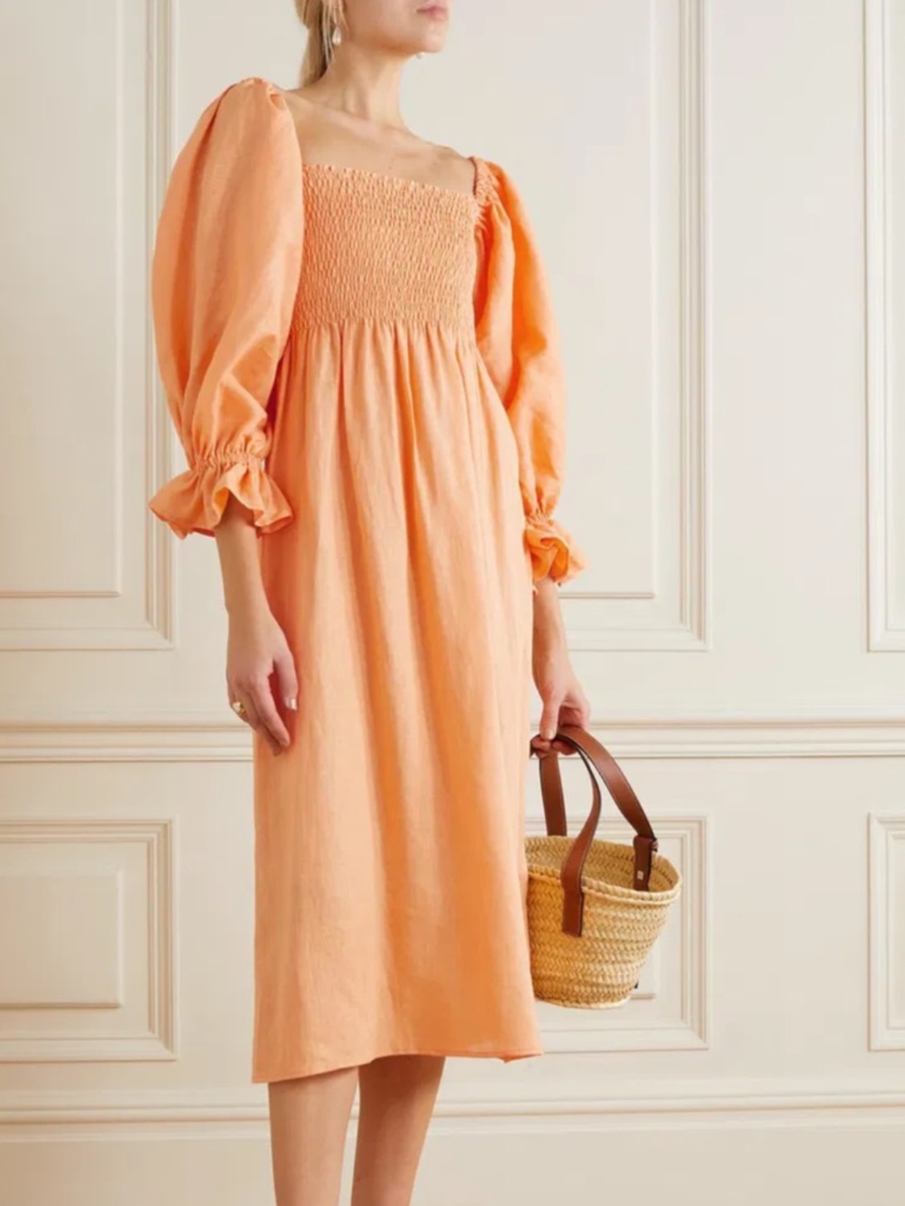 Sleeper Orange 100% Linen Smocked Puff-Sleeve Midi Dress